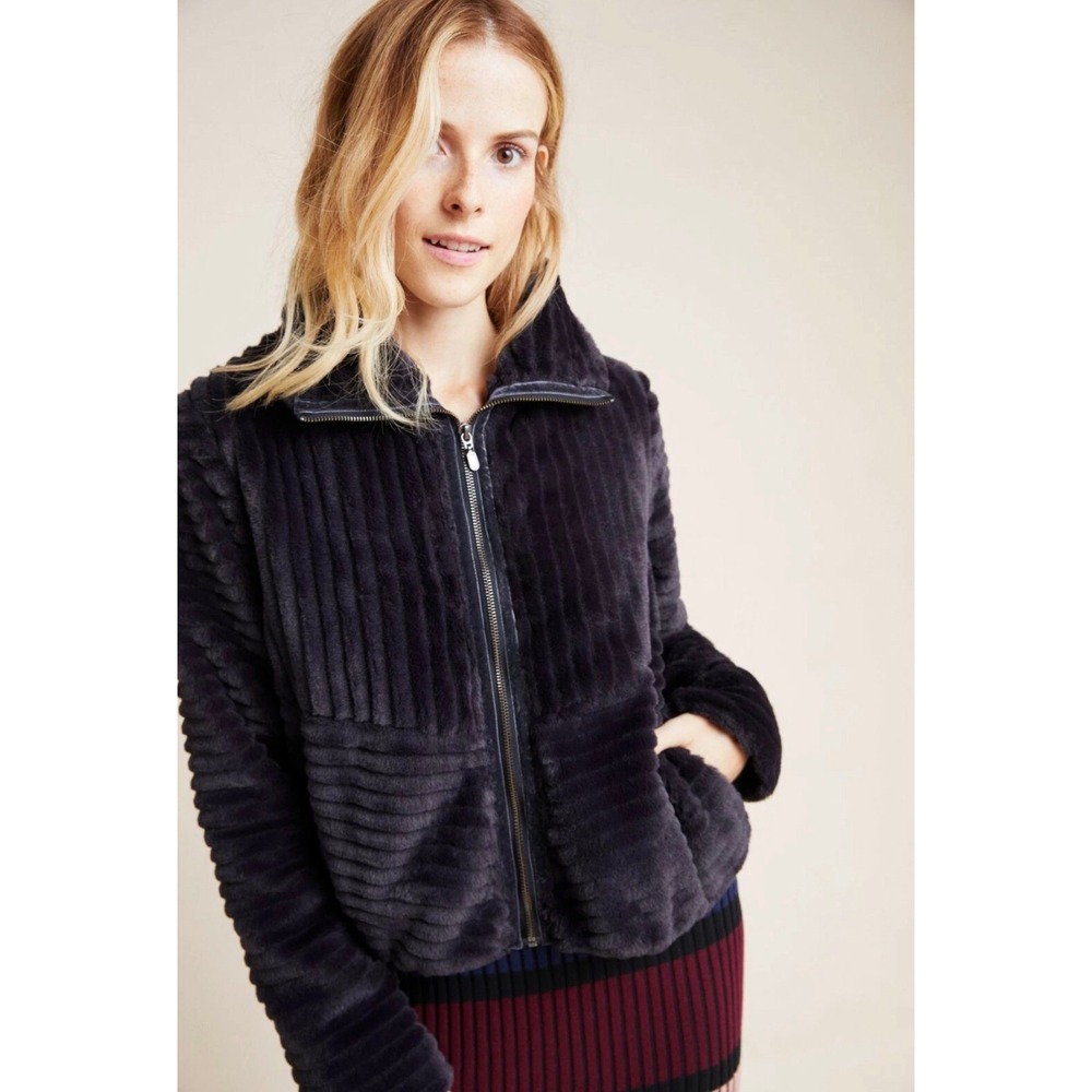 Anthropologie Natasha Faux Fur Jacket Womens S Purple  Ribbed Zip Funnel